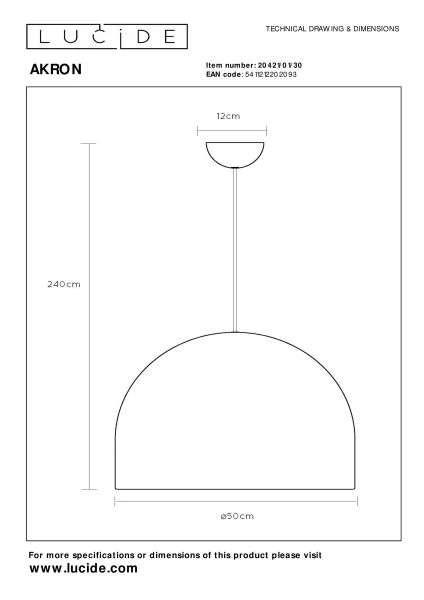 Lucide Premium AKRON - Pendelleuchten - Ø 50 cm - 1xE27 - Schwarz - technisch